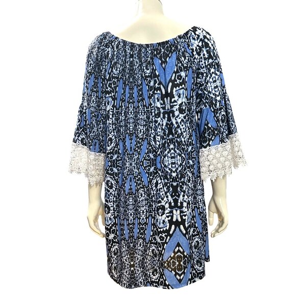 CCC Blue Black Print Off Shoulder Tunic Dress Lace Bell Sleeves Boho Style XLarg - Picture 5 of 9